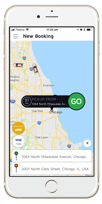 The BriteLift ride booking app showing a new booking on a map of Chicago